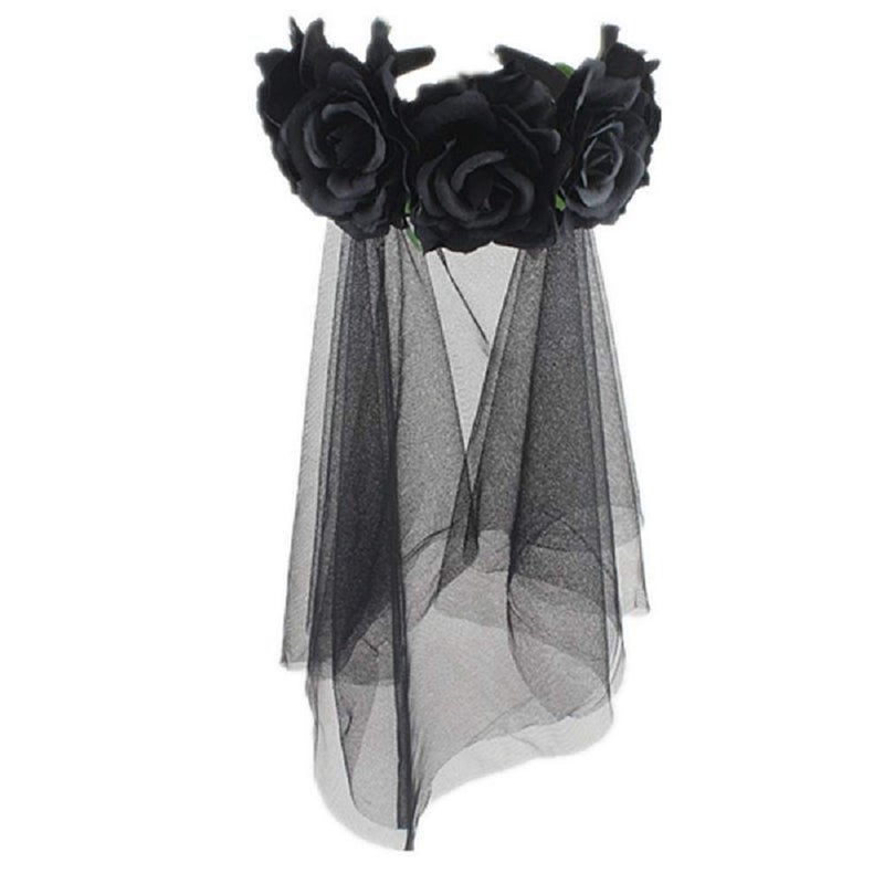 PURFUN Gothic Rose Floral Headband Crown Veil Women Halloween Cosplay Day of The Dead Masquerade Mexican Flower Hairband Garland Headpiece Hair Wreath Black Witch Vampire Bridal Veil Costume Accessory - Image 1